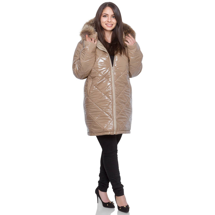 Бежово дамско яке - официален стил - геометричен десен - макси размери - есен - зима - изработено в България - Maxi Market