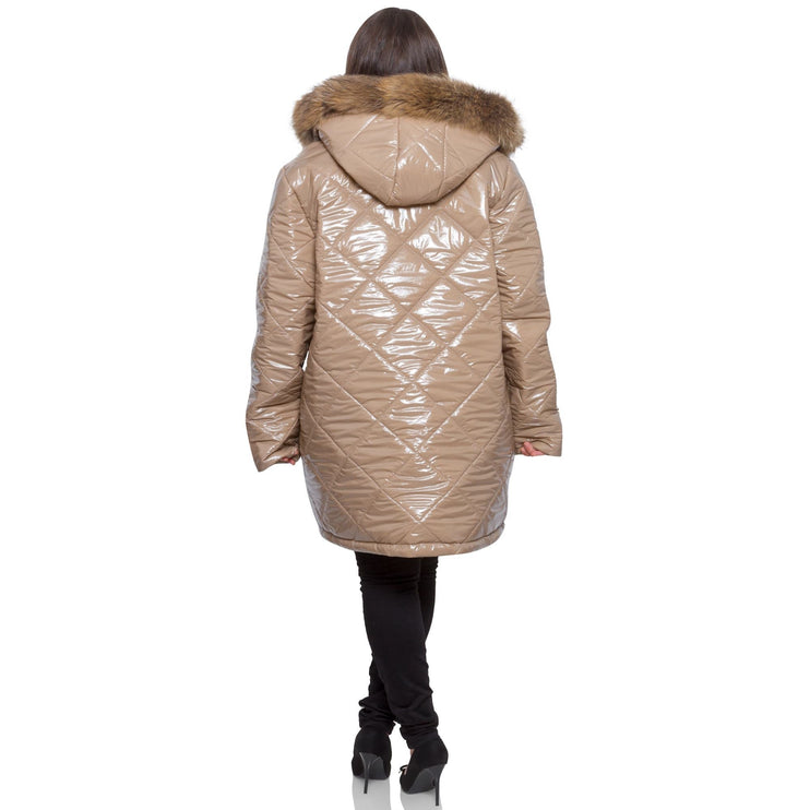 Бежово дамско яке - официален стил - геометричен десен - макси размери - есен - зима - изработено в България - Maxi Market