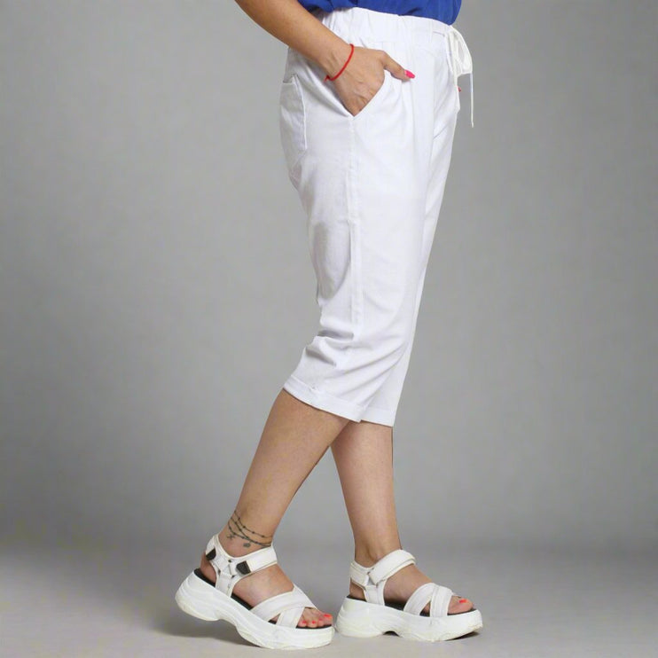 Бял дамски панталон - Удобен и еластичен с джобове - XL до 5XL - Пролет - Лято - Maxi Market