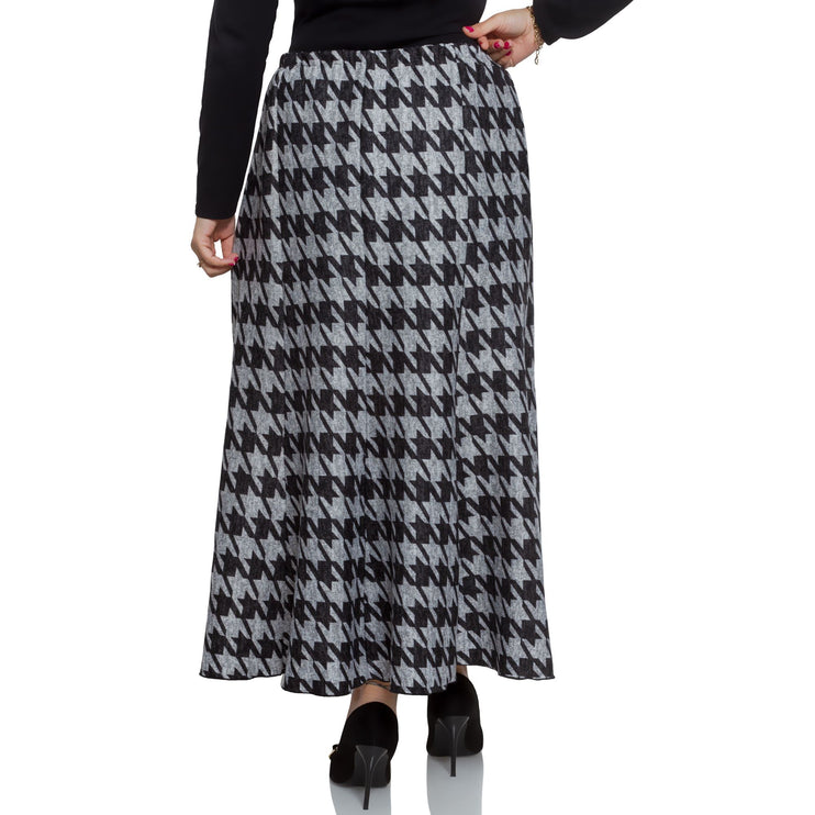Дамска дълга пола в макси размери - тъмно сива с геометричен шарки - еластична талия - есен - зима - Maxi Market