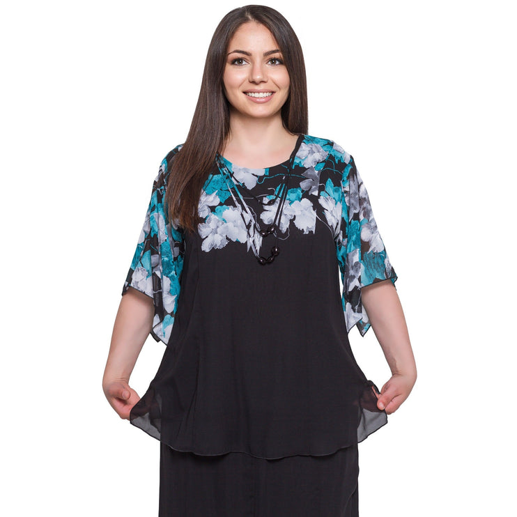 Дамска пола и блуза от шифон в черно с флорални мотиви - Официален комплект в макси размери - Пролет - Лято - Maxi Market