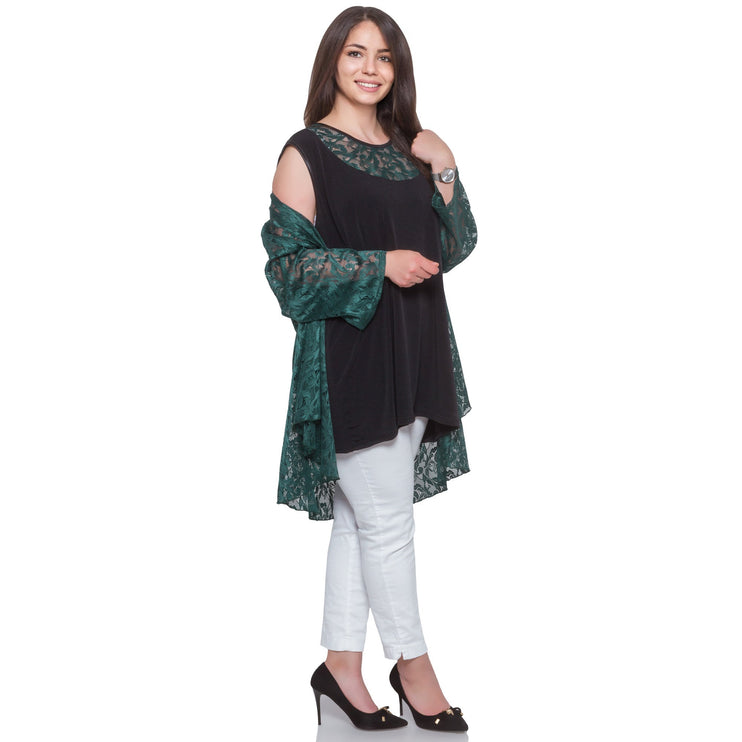 Дамски двуделен комплект в макси размери - тъмнозелено сако и блуза от дантела - официален стил - еластичен и удобен - Maxi Market