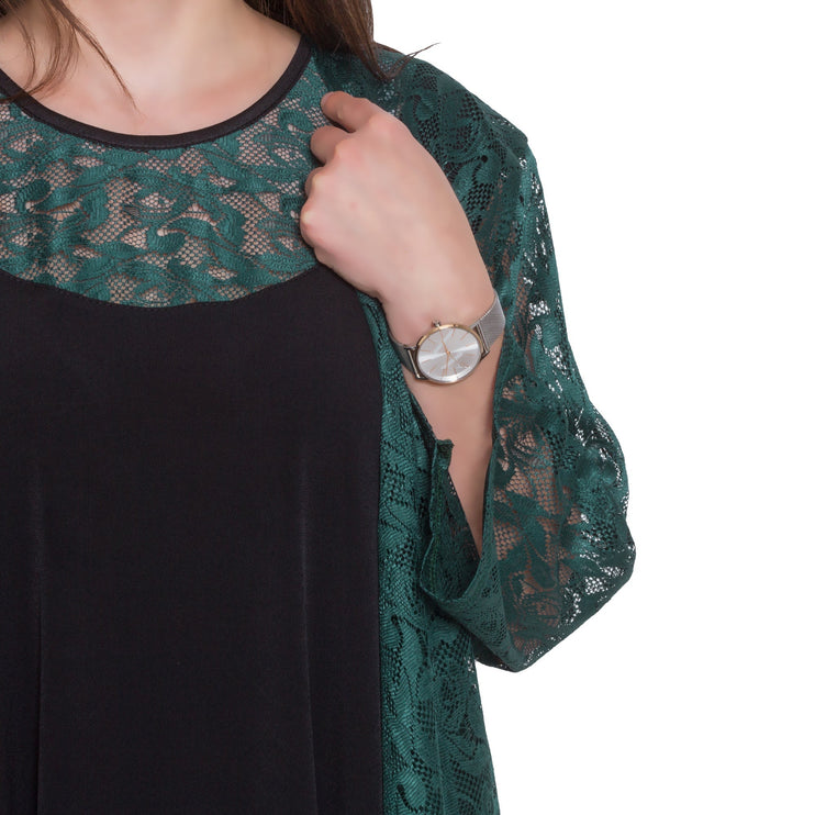 Дамски двуделен комплект в макси размери - тъмнозелено сако и блуза от дантела - официален стил - еластичен и удобен - Maxi Market