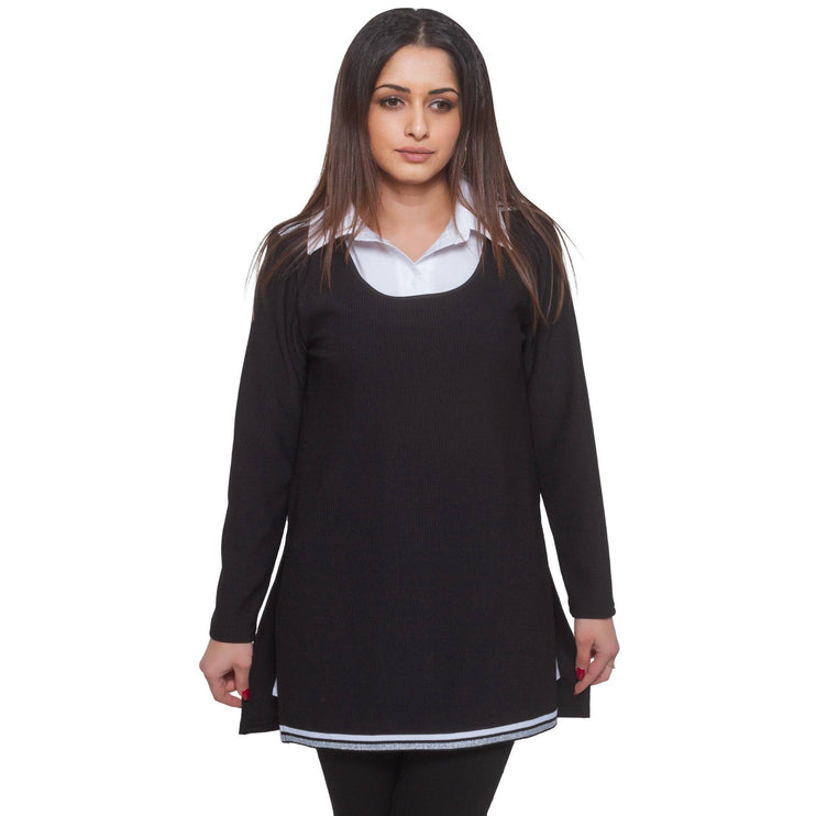 Дамски комплект блуза и топ в черно - Официален - Еластичен памук - Произведено в България - Макси размери - Maxi Market