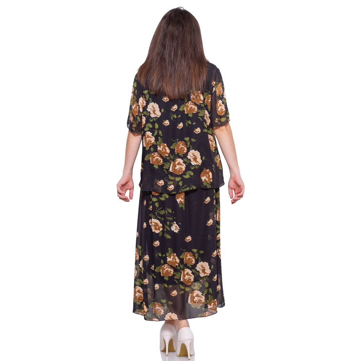 Дамски комплект пола и блуза от шифон в черно - Флорален модел - Пролет - Лято - В макси размери - Maxi Market