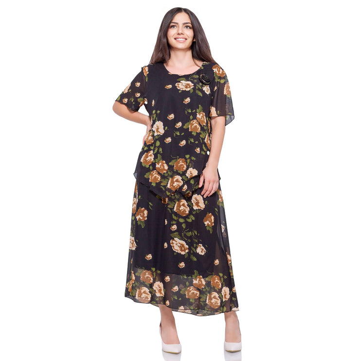 Дамски комплект пола и блуза от шифон в черно - Флорален модел - Пролет - Лято - В макси размери - Maxi Market