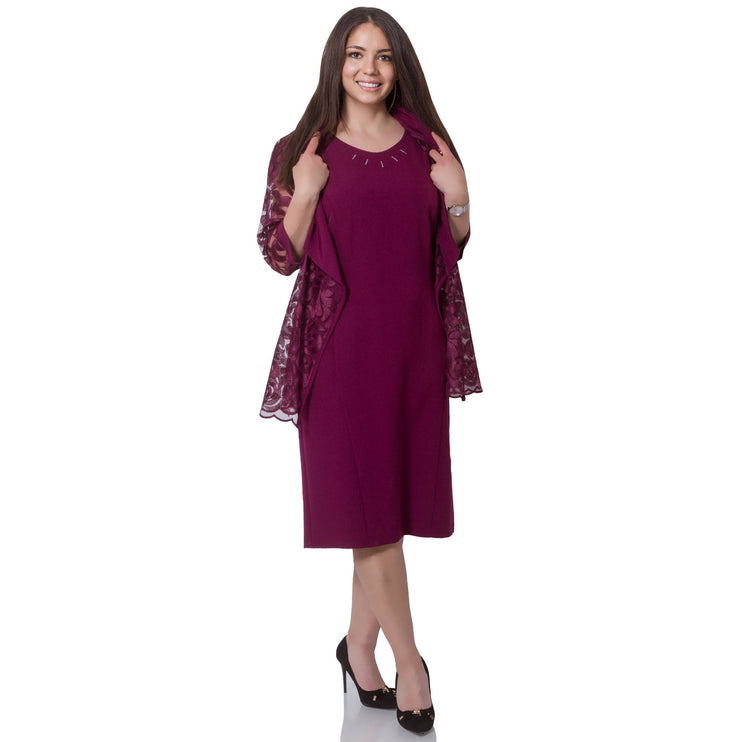 Дамски комплект рокля и сако в бордо - Абстрактен модел - Еластичен вискозен материал - Пролет - Лято - Официален - в макси размери - Maxi Market