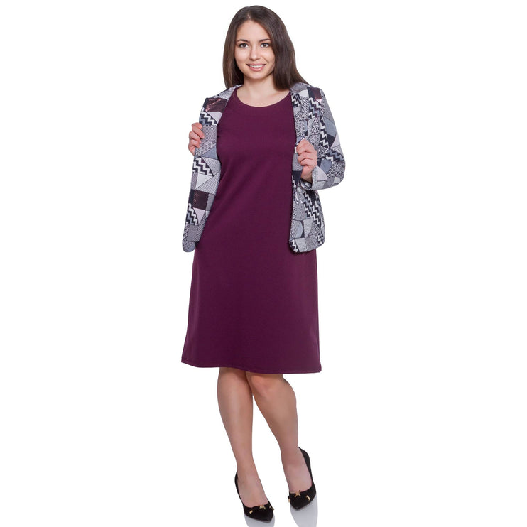Дамски комплект рокля и сако в бордо с абстрактен модел - Елегантен за официални събития - Макси размери - Произведено в България - Maxi Market