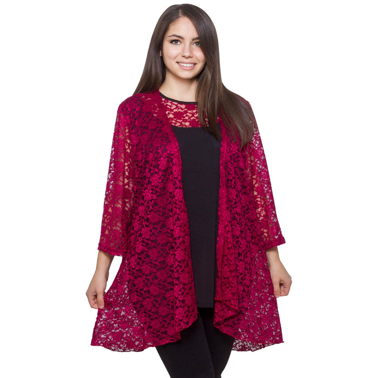 Дамски комплект сако и топ в бордо - макси размери - флорални мотиви - официален стил - всесезонен - Maxi Market