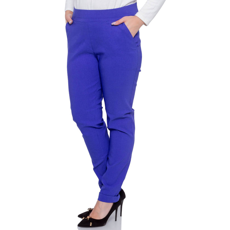 Дамски официални панталони в макси размери - тъмносини - права кройка - еластична талия - пролет - лято - Maxi Market