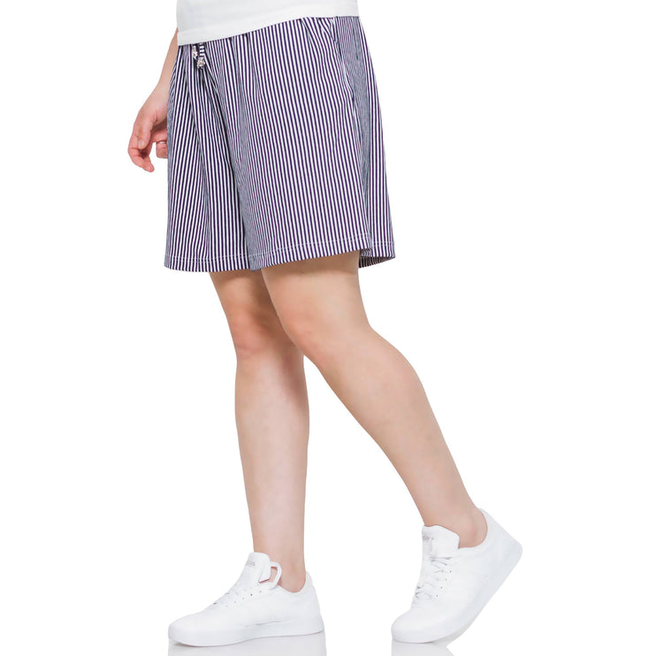 Дамски панталони в макси размери - сини с ивички - релаксирана кройка - вискоза и еластан - над коляното - Maxi Market