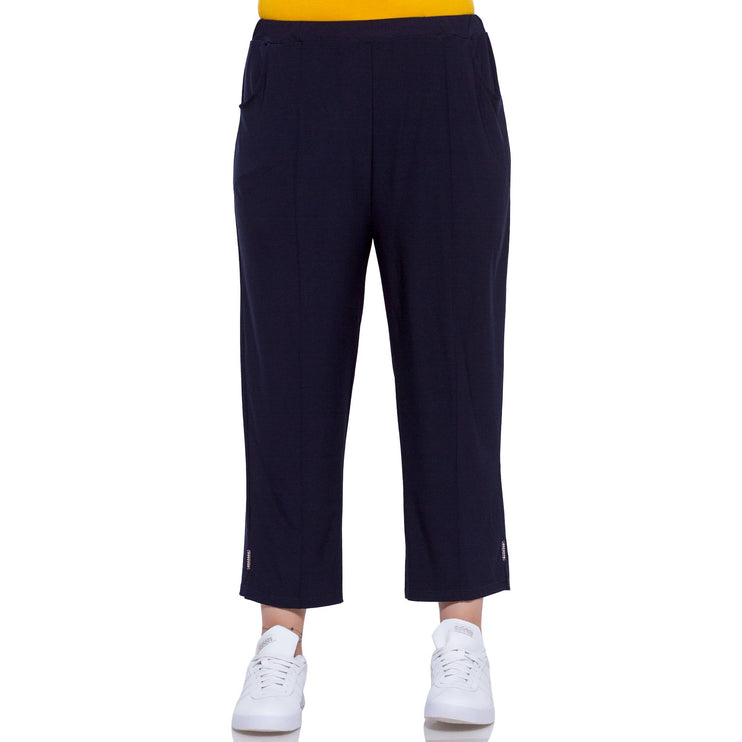 Дамски панталони в макси размери - тъмно сини - еластична талия - вискоза и еластан - под коляното - с джобове - Пролет - лято - Maxi Market