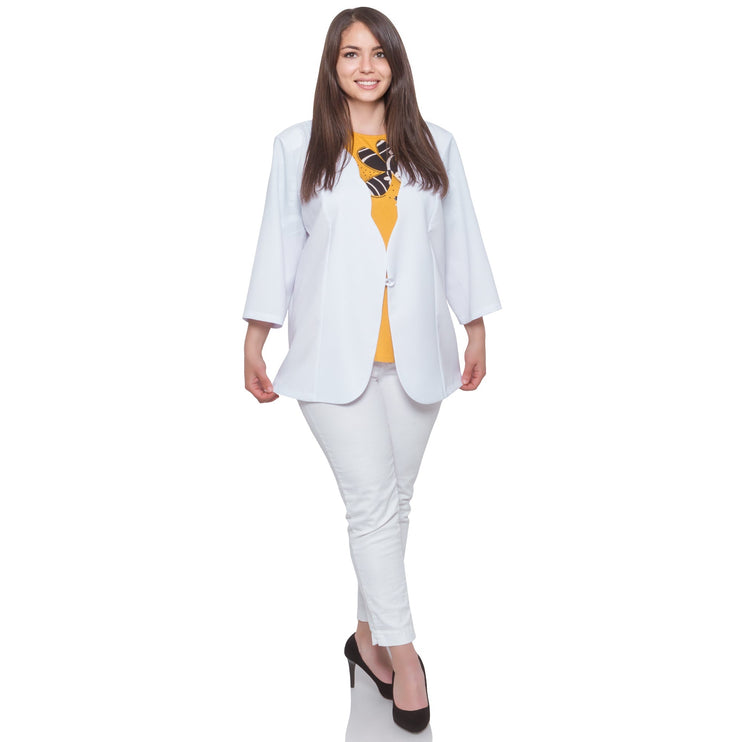 Дамско официално сако 7 - 8 ръкав в бял цвят - Официални събития - Mакси размери - Пролет - Лято - С копчета - Комфорт и стил - Maxi Market