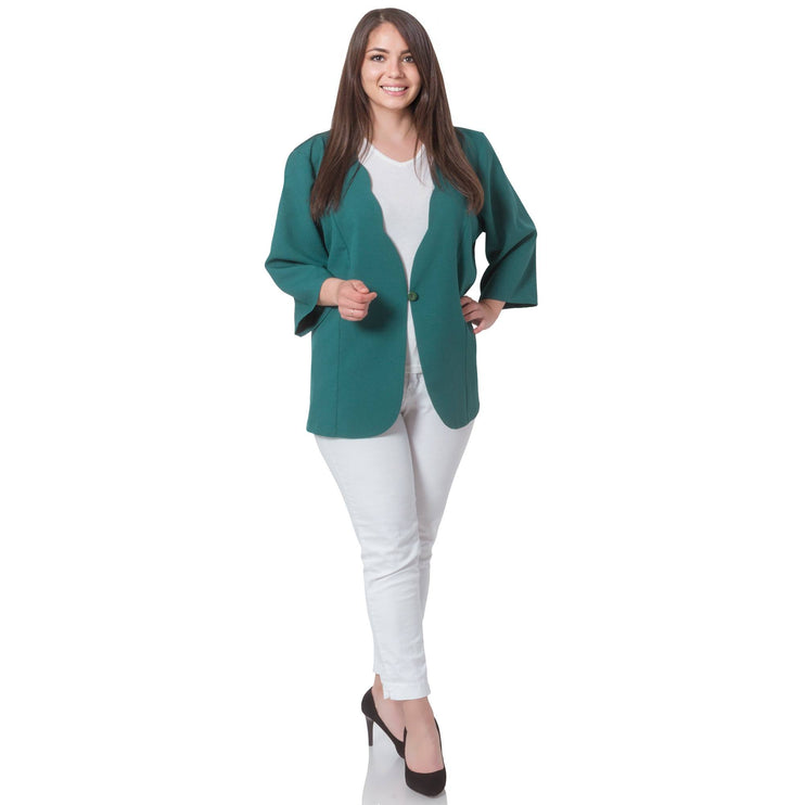 Дамско официално сако 7 - 8 ръкав в зелен цвят - официални събития - в макси размери - пролет - лято - с копчета - комфорт и стил - Maxi Market