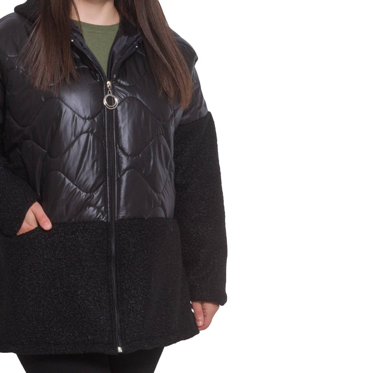 Дамско яке с цип в черно - Геометричен модел - Официално - Макси размери - Есен - Зима - Maxi Market