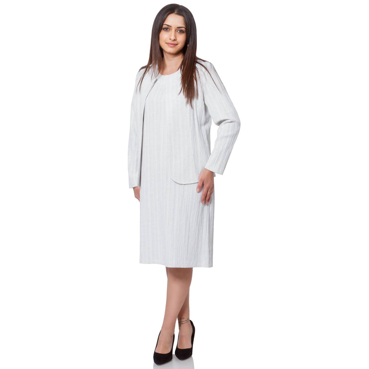 Елегантен дамски комплект рокля и сако в макси размери - бял цвят - идеален за официални събития - произведено в България - лен и полиестер - Maxi Market