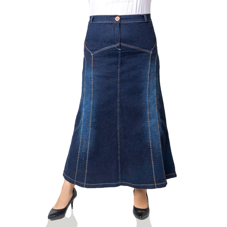 Елегантна дамска пола в макси размери - тъмносин цвят - произведено в България - с копчета и джобове - памук с еластан - Maxi Market