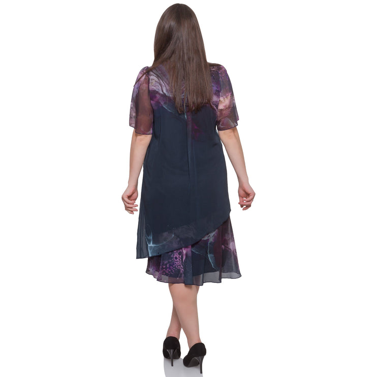 Елегантна дамска рокля с нежен шифон - Тъмносин цвят с абстрактен модел - Официална - Под коляното - Пролет - Лято - Maxi Market