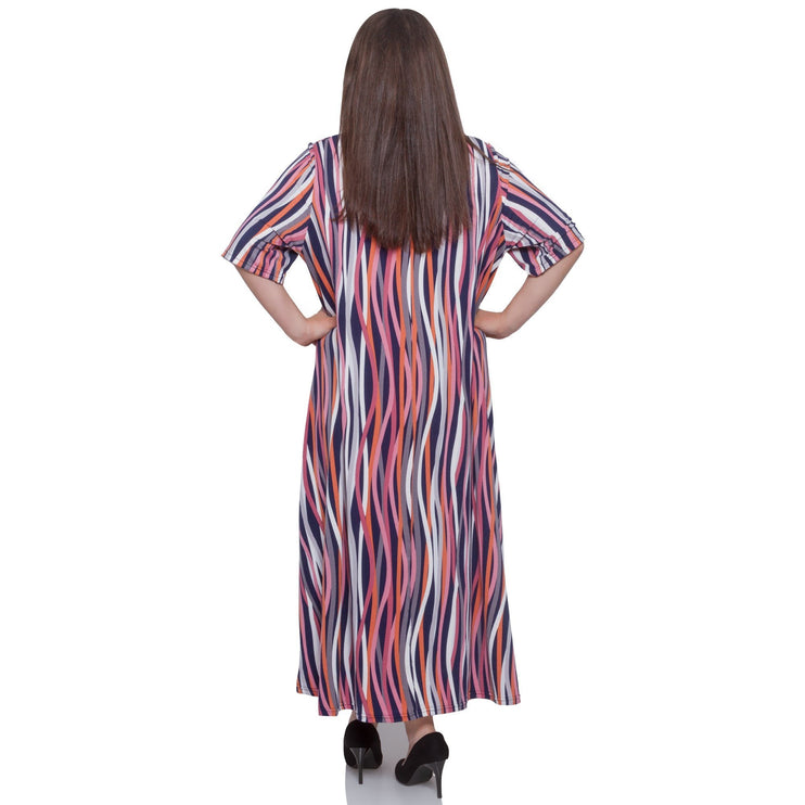 Елегантна дамска рокля в макси размери - абстрактен шарен десен - кръгло деколте - до глезена - произведено в България - Maxi Market