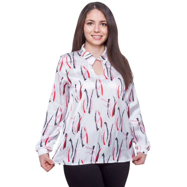 Елегантна сатенена риза в макси размери - Абстрактен десен с ключалково деколте - Идеална за официални събития - Полиестер сатен - Произведено в България - Maxi Market