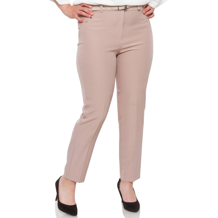 Официален бежов панталон - С цип и коланче - Макси размери - Висока талия - Еластични - Пролет - Лято - Maxi Market