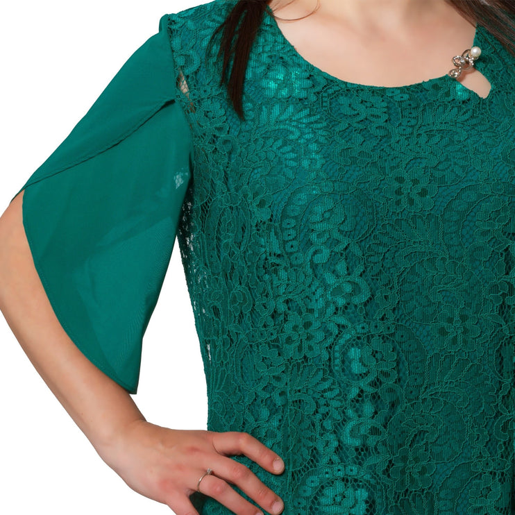 Официална рокля - Масленозелен цвят и дантела - Размери XL - 5XL - Пролет - Лято - Maxi Market