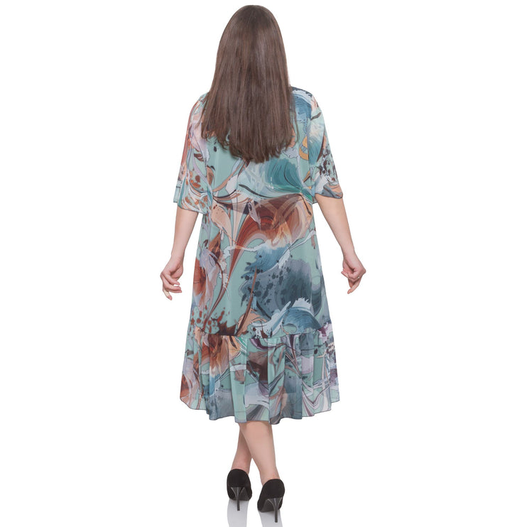 Петролена дамска рокля от шифон в макси размери - абстрактен десен - нежен шифон - произведено в България - Maxi Market