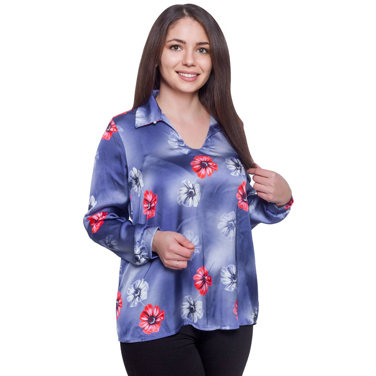 Сатенена риза в синьо с флорални мотиви - Дамска - Макси размери - Официална - Произведено в България - Maxi Market
