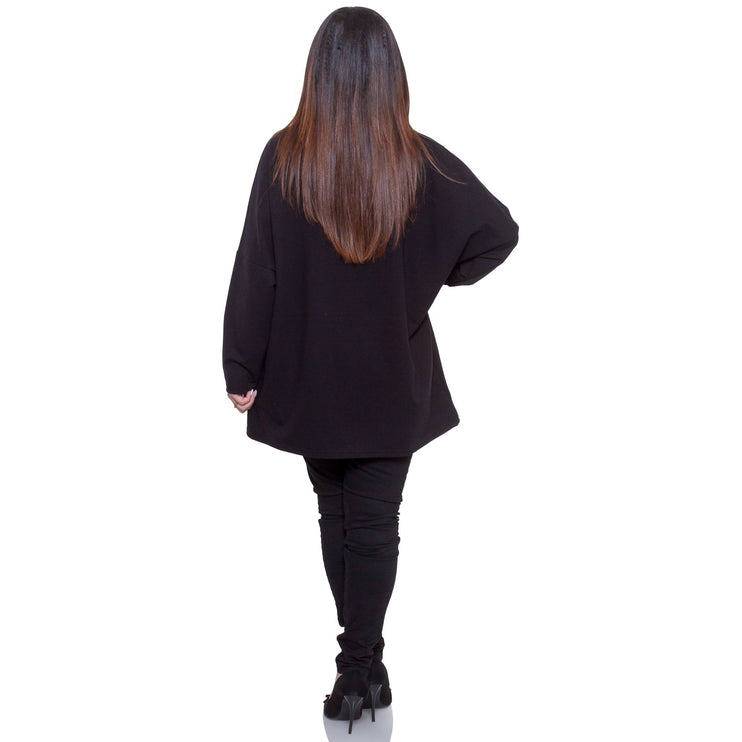 Тъмна черна туника с абстрактен десен в макси размери - официална дамска облекло - еластична и удобна за есен - зима - Maxi Market