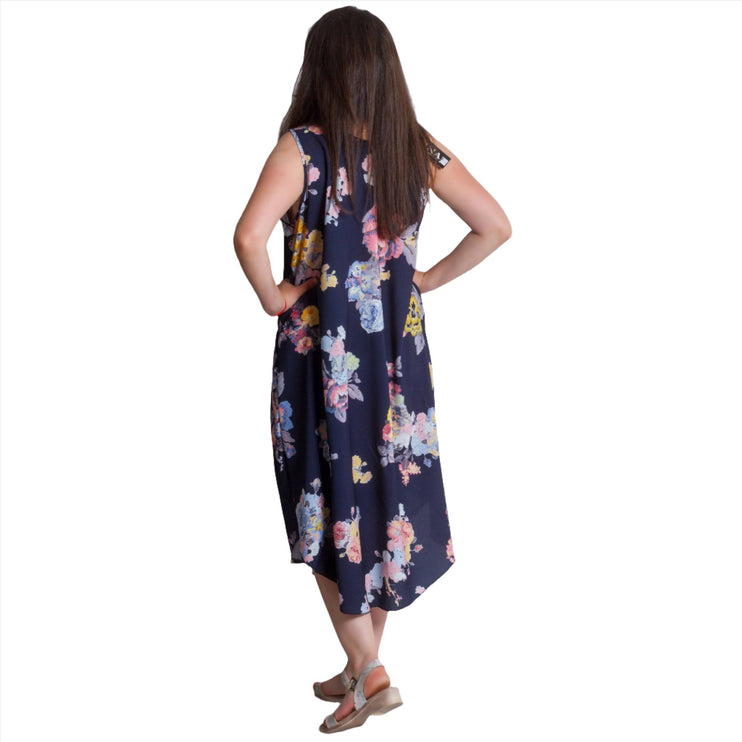Тъмносиня свободна рокля с цветя - обло деколте - Макси размери 2XL/3XL/4XL - Пролет - Лято - Maxi Market